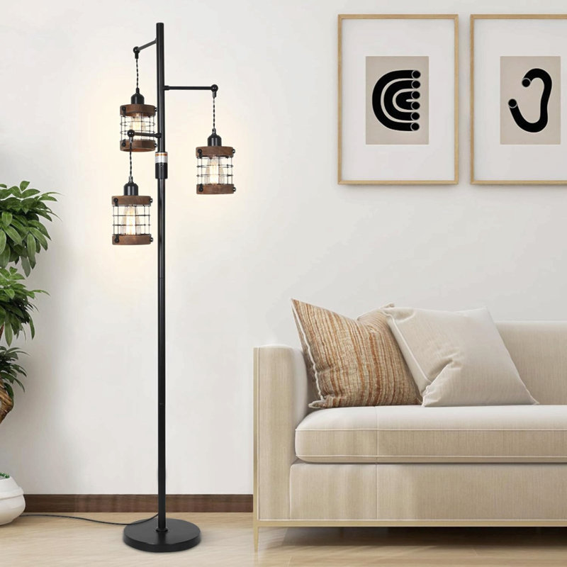 Industrial Black Metal Cage Shade Cage Tree Floor Lamp