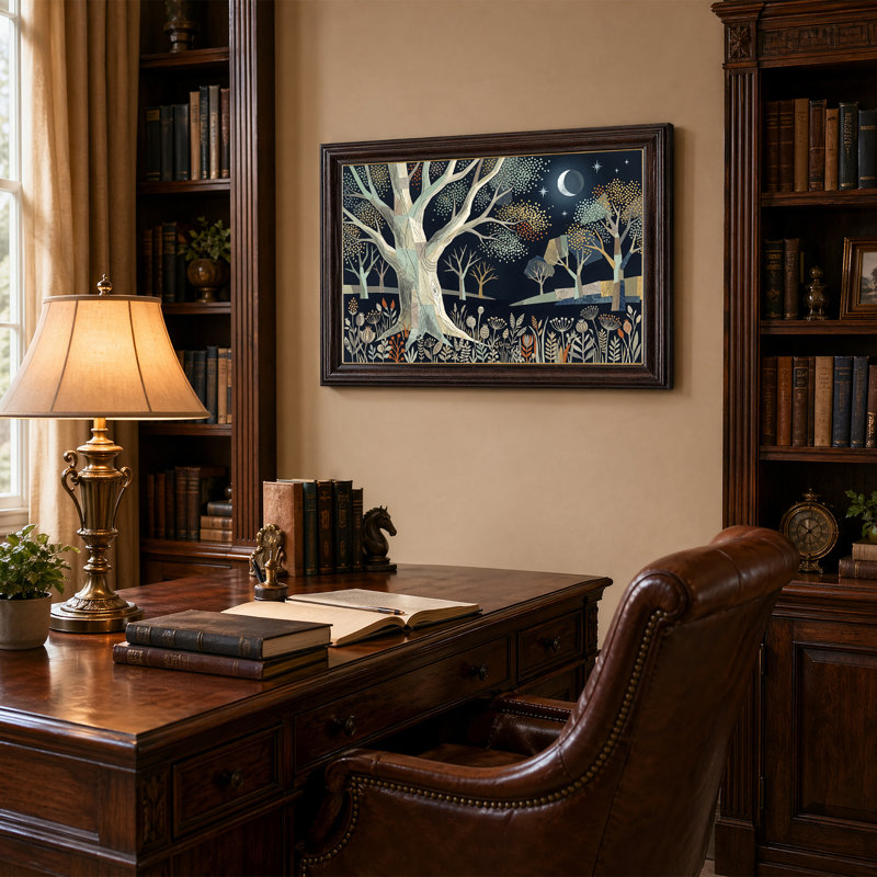 Art mural sur toile avec arbres stylisés et fleurs sauvages sous le croissant de lune, 12"H x 18"W