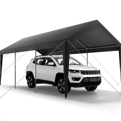Auvent de voiture portable 10 x 20 pi gris - Abri de garage spacieux pour les voitures et plusieurs véhicules, imperméable avec cadre en acier galvanisé