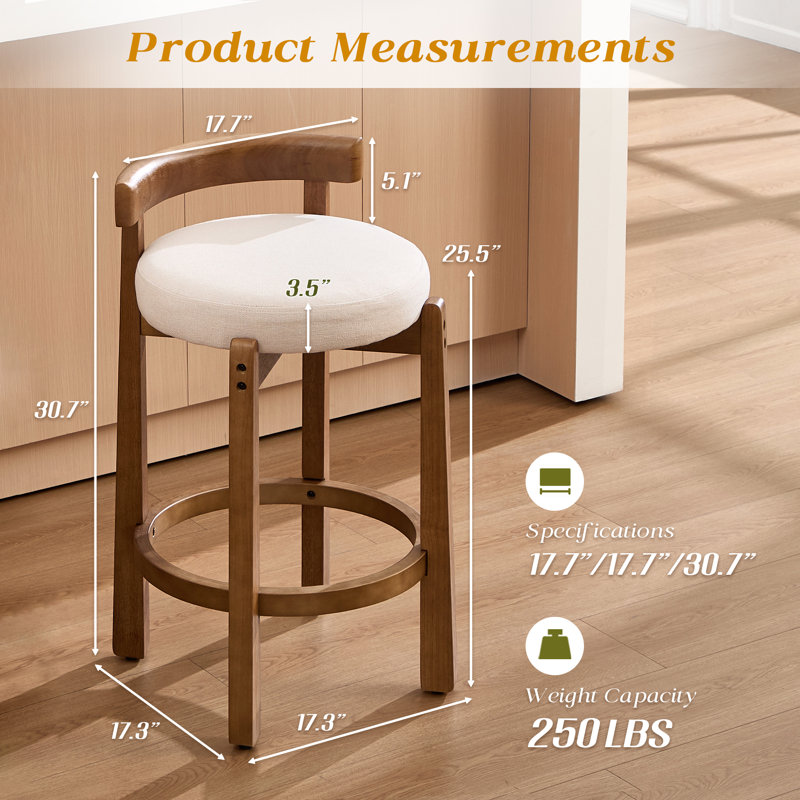 Mid-Century Beige Linen Bar stools Set of 2 - Low Back Counter Height stools with Soild Wood Frame, Upholstered Cushion Kitchen Bar stools for Counter, Stylish & Comfortable