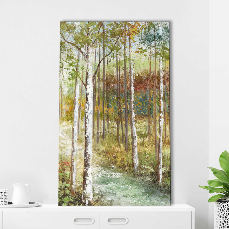«Warm Spice Birch Path» par Nan - Peinture, L 18 po x H 30 po, Toile tendue