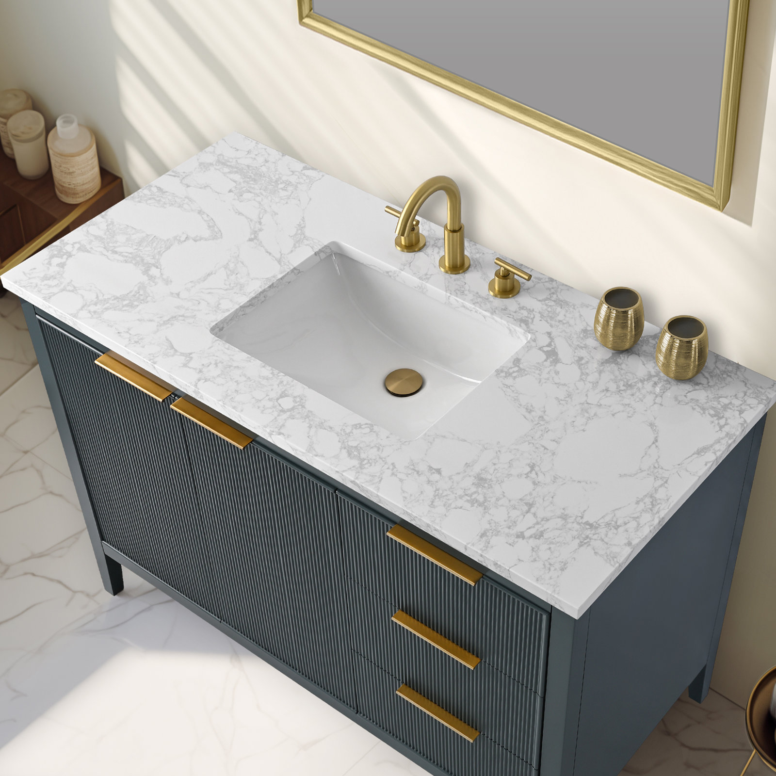 Bilroy 48" Pine Single Bathroom Vanity, Vintage Blue/Brushed Bronze