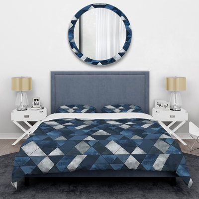 Ensemble de housse de couette moderne bleu et blanc Triangles III