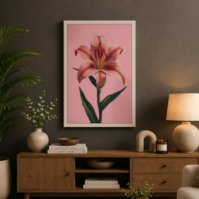 Lily in Pink Botanical - Wrapped Canvas, 24x16 - 61.0 x 40.6 cm, Terracotta Border