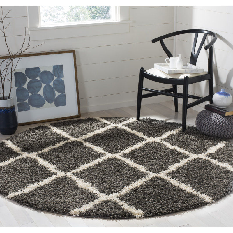 Ines Geometric Dark Gray/Ivory Area Rug, Round 6'