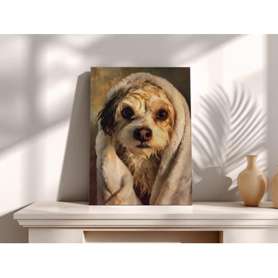 Old Masters Style Dog Portrait, Wet Dog in Towel Canvas Art, Funny Bathroom Decor, Classical Animal Painting, Unique Wall Art for Dog Lovers