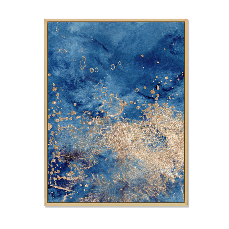 Abstrait classique bleu et or II - peinture sur toile, H 44 po x l 34 po, Cadre flottant en érable