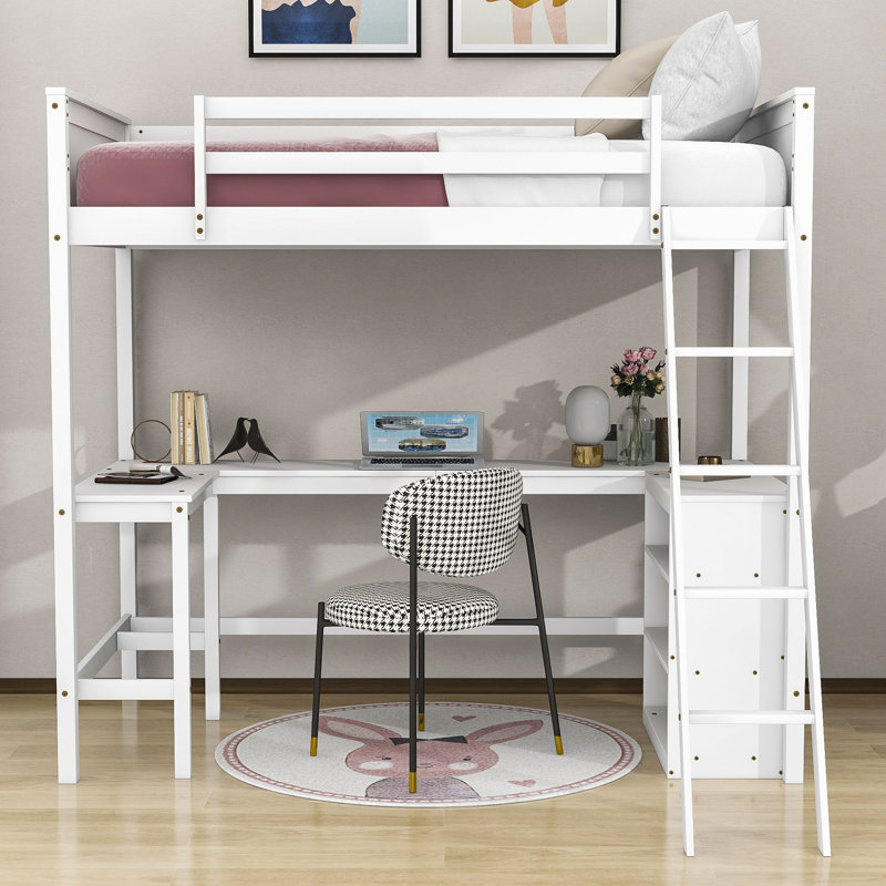 Wood Loft Bed with Desk and Shelves, White, Full