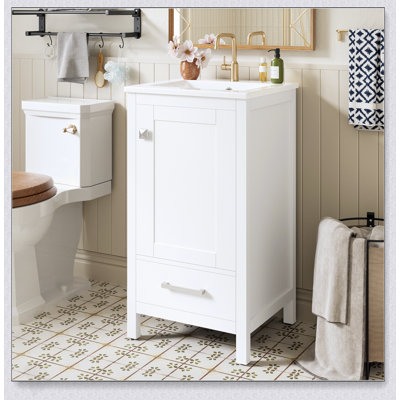 Meuble-lavabo moderne de 18 pouces avec lavabo en céramique, tiroirs à fermeture en douceur et organisateur de porte, tiroir de séparation et patins réglables en plastique - solution de rangement compacte pour les espaces étroits