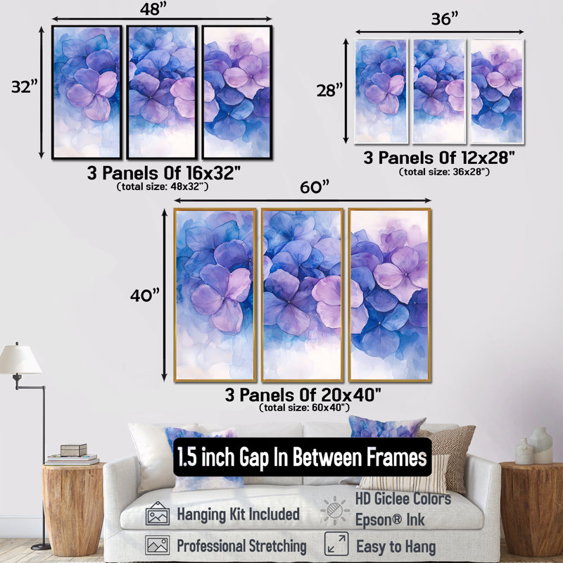 Hortensia à l'aquarelle, art mural - ensemble de 3, H 28 po x l 36 po, Impression encadrée sans passe-partout, Noir