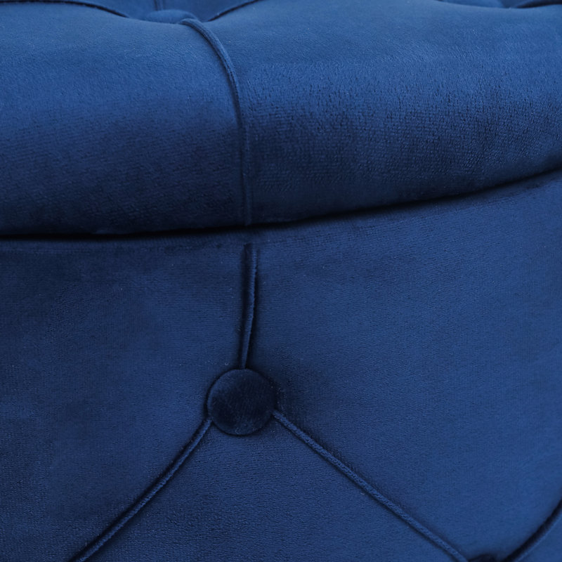 18.9" Wide Tufted Round Storage Ottoman, Navy Blue Velvet