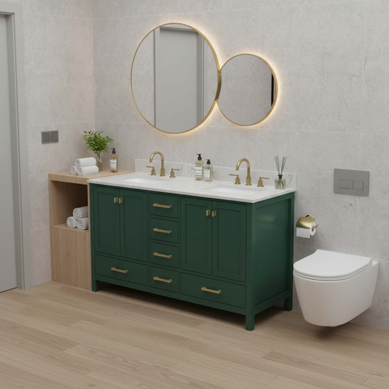 Meuble-lavabo autoportant en bois massif avec double vasque, Vert