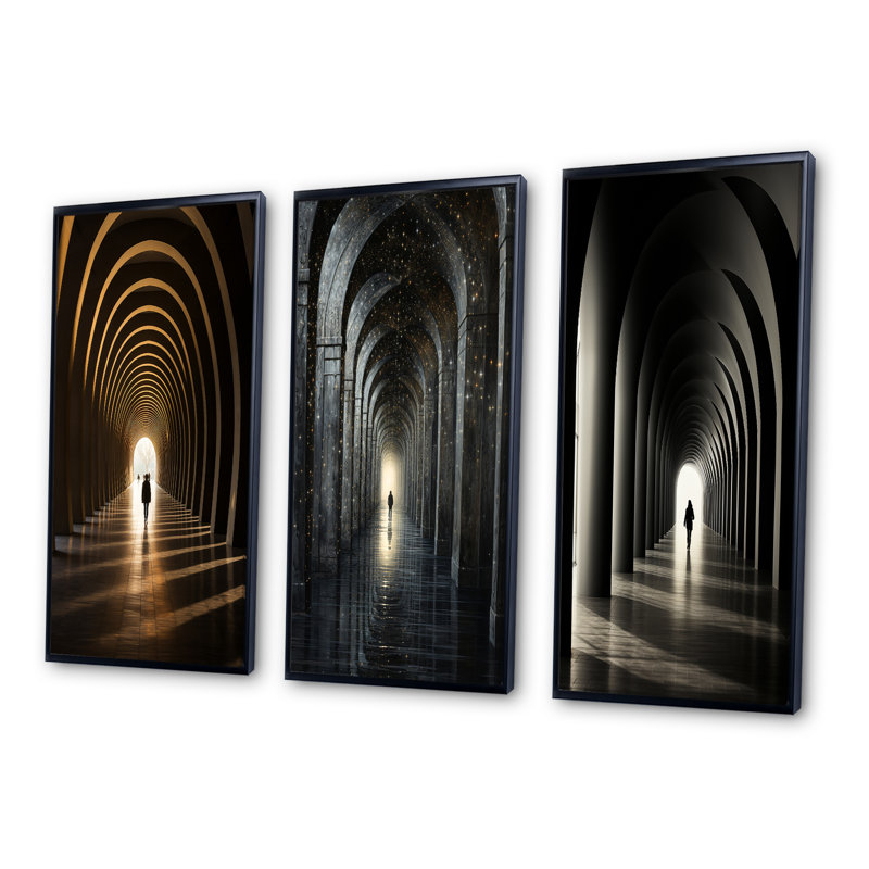 Beige Tunnel Passage classique intemporel - Ensemble 3 pièces, Cadre noir, H 40 po x l 60 po