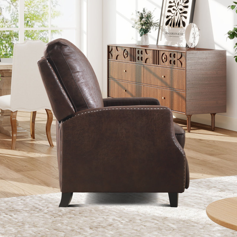 31.1''  Wide Classic and Overstuffed Soft Faux Leather Push Back Recliner with Nailhead Trims, Reddish Brown Faux Leather