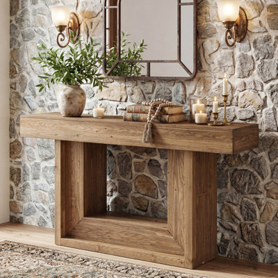 Console en bois massif de 63 pouces, table de ferme étroite avec cadre en U et tablette de rangement