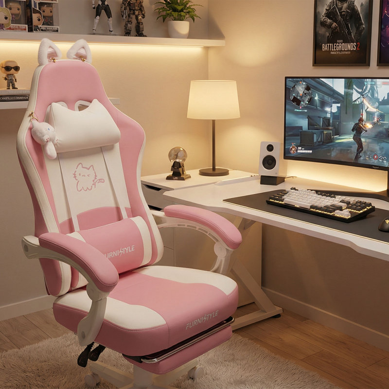 Chaise de jeu mignonne avec oreilles de chat, accessoires de sonnerie et soutien lombaire, chaise d'ordinateur ergonomique pour fille avec repose-pieds et accoudoirs rembourrés