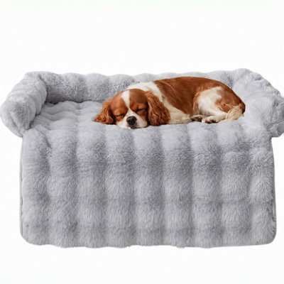 Thick Fluffy Anti-Scratch Pet Sofa Bed Mat, Non-Slip Plush Furniture Protector Couch Cover with Raised Bolster Sides, Washable Cozy Dog Cat Cushion Bed for Indoor Furniture Protection