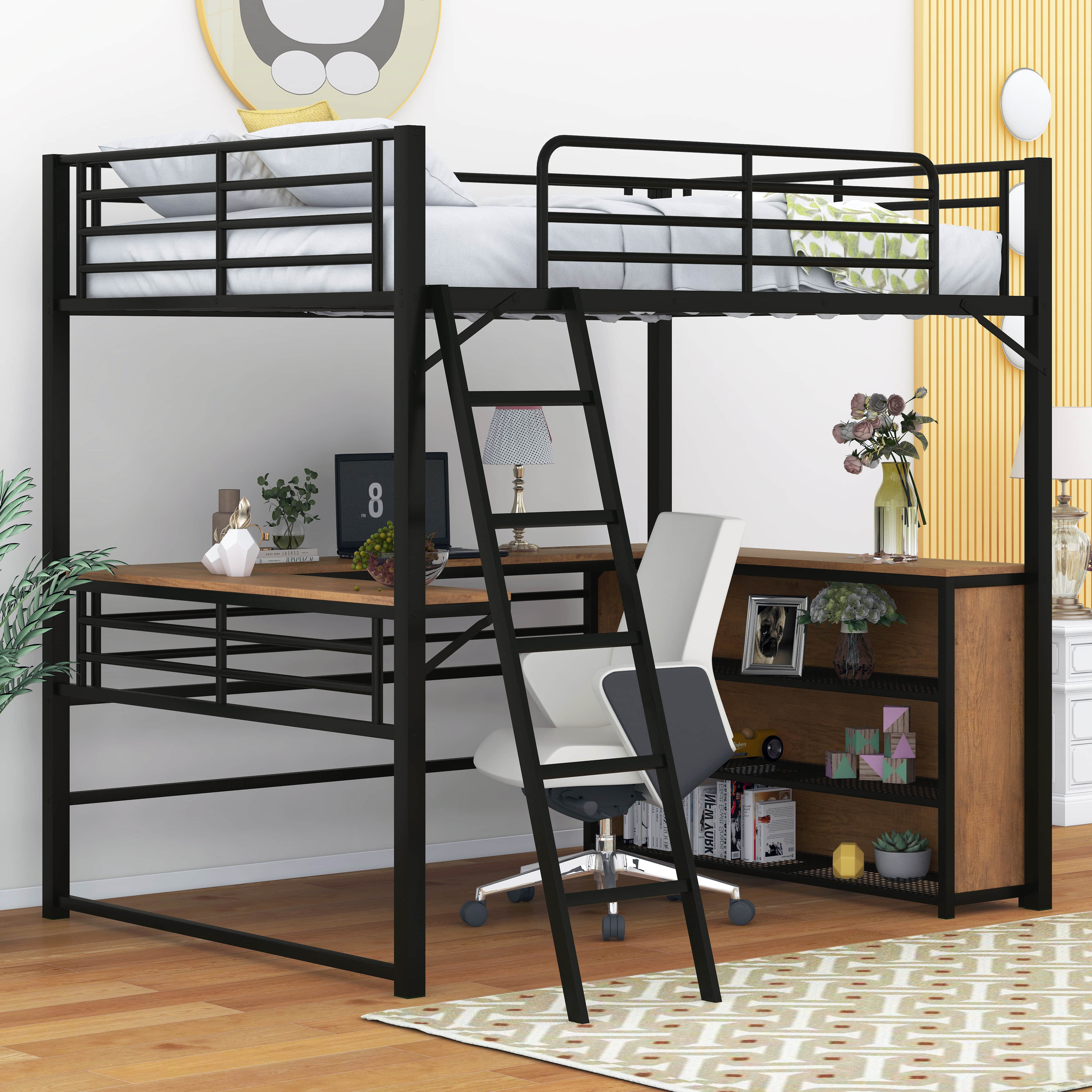 Mason & Marbles Adwolf Metal Loft Bed with 3 Layers of Shelves and L ...