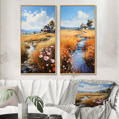 Meadow Cottage At The Pond I - Landscape Cottage Canvas Prints Set Of 2