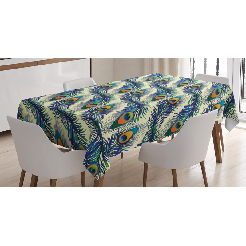 Peacock Tablecloth, Exotic Peacock Feathers Pattern Vintage Style Ornamental Details Image, Rectangular Table Cover For Dining Room Kitchen Decor, 52" X 70", Navy Blue Green Orange