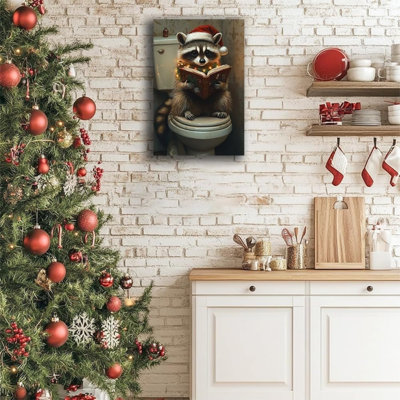 Christmas Raccoon Bathroom Unframed Canvas Wall Art  24" X 36"
