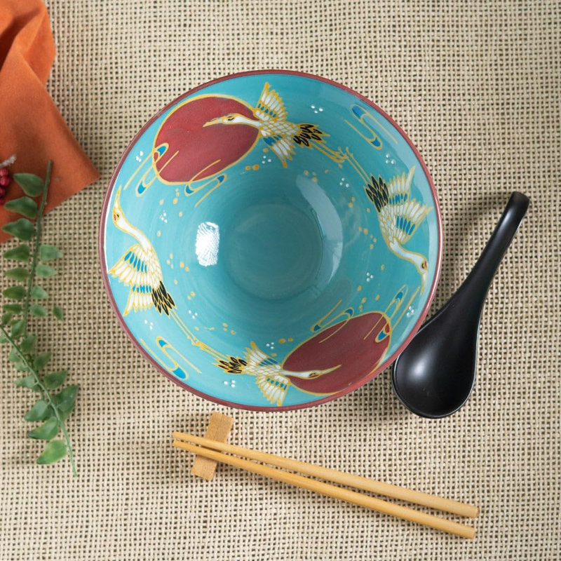 Ensemble de bol à riz en céramique avec cuillère à soupe et ensemble de repos Red Moon Crane