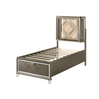 Dark Champagne Finish Full Bed - , Storage, Led, Faux Leather Led & Synthetic Touch