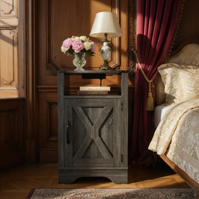 Table de chevet Farmhouse, table de bout rustique en bois, table de chevet haute avec prises de courant - gris foncé
