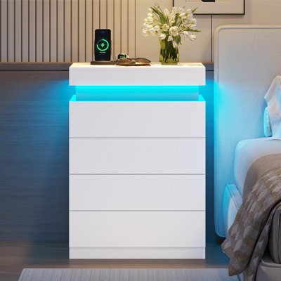Nightstand With 4 Drawers And Led Lights,sliding Top,tall Bedside Table With Charging Station,modern End Side Table For Bedroom