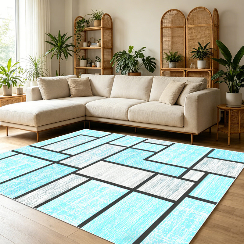 Modern Abstract Geometric Area Rug, Block Pattern Indoor Floor Mat, Non-Shedding Soft Washable Rug for Entryway, Living Room, Bedroom, Kitchen, Office