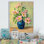 Fleurs roses dans un vase bleu - Peinture sur toile encadrée