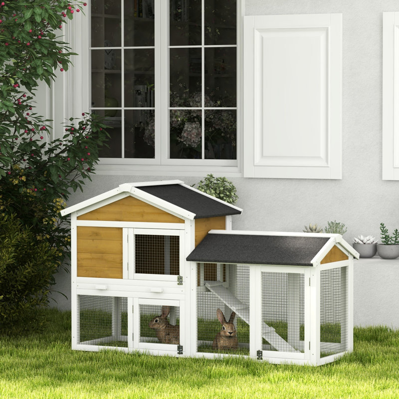 Cage en bois de 58 po avec aire de roulement, toit en asphalte sécuritaire, plateau amovible pour un entretien facile, portes verrouillables et lapins de sécurité pour animaux de compagnie à rampe sécuritaire, désinfection simple et fiable