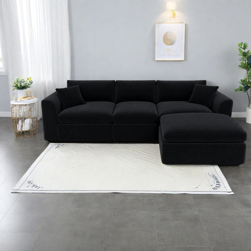 Canapés modulaires à compression en mousse de chenille noire 106,7 po, salon moderne