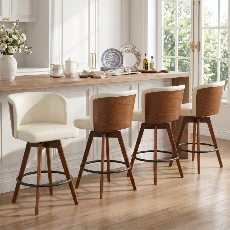 Tabouret de comptoir pivotant rembourré avec structure en bois Devault, Blanc / Brun, 4