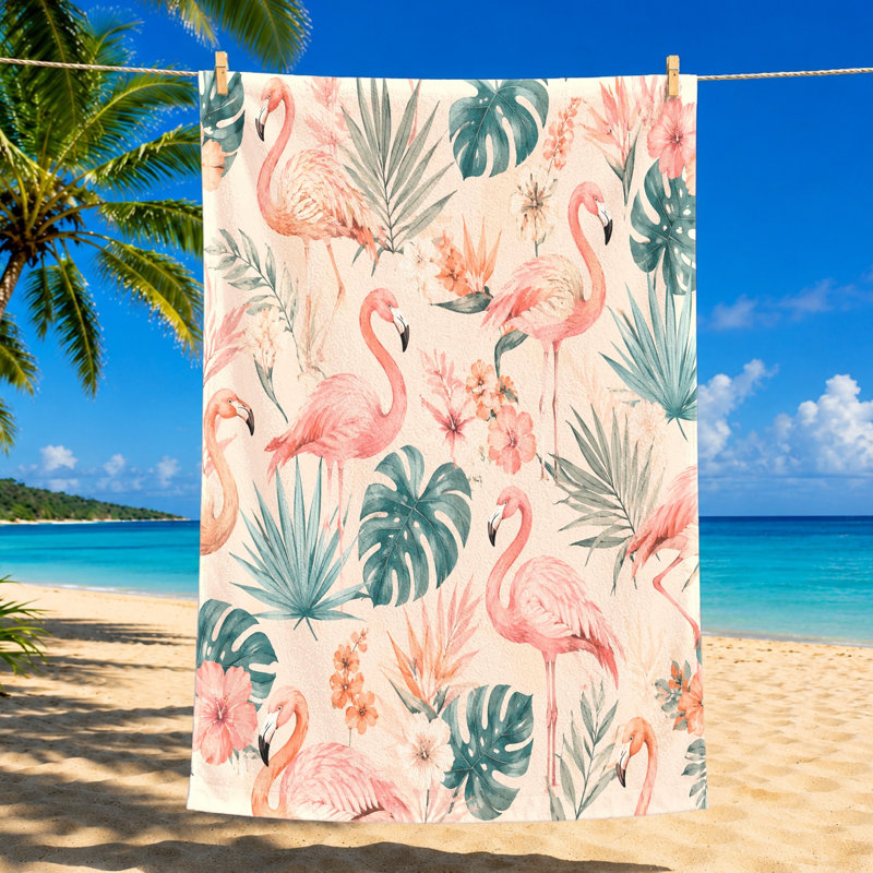 1 serviette de plage tropicale Flamingo 1PCS, conception artistique, pour les voyages en plein air et le camping, paysage d'océan vibrant