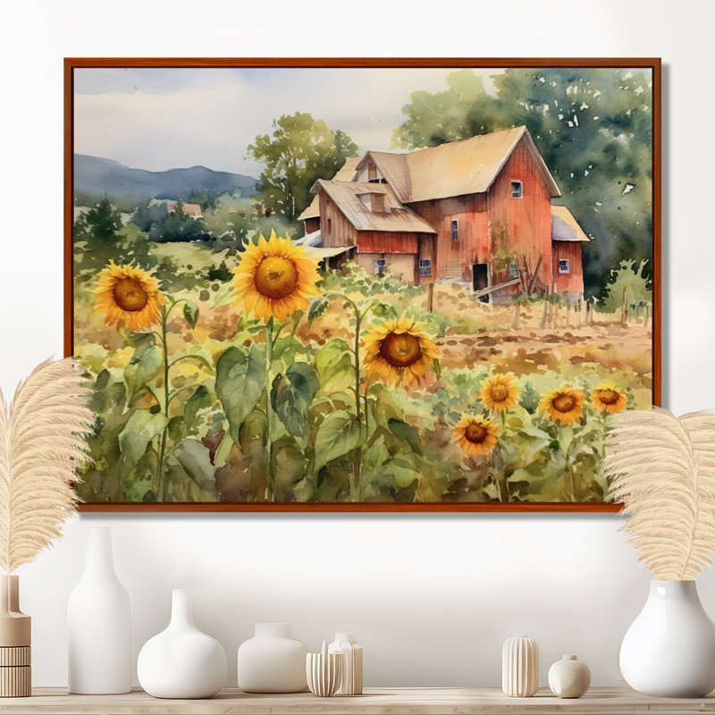 Tournesol doré à la ferme III - art mural floral, H 34 po x l 44 po x P 1,5 po, Cadre flottant brun