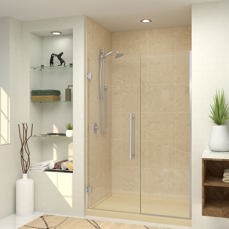 Porte de douche à charnière avec verre transparent l 53,5 po x H 76 po Transolide Elizabeth, Acier Inoxydable