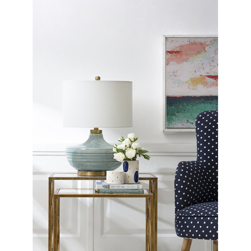 Ceramic Table Lamp with Linen Shade Aqua, Aqua, White