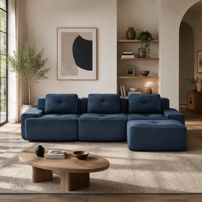 Canapé d'angle modulaire moderne en forme de L de 297 cm (117 pouces) pour salon, en tissu velours côtelé, canapé 3 places avec assise profonde et pouf amovible, passepoil nacré, design capitonné, livré monté, antidérapant