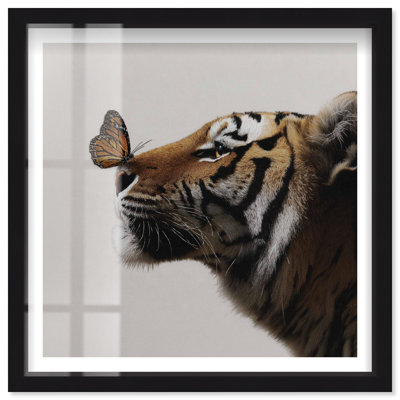 Stitched Butterfly Tiger Shadowbox Print Tiger Wall Decor by Notoriart, Black Frame, 41 x 41