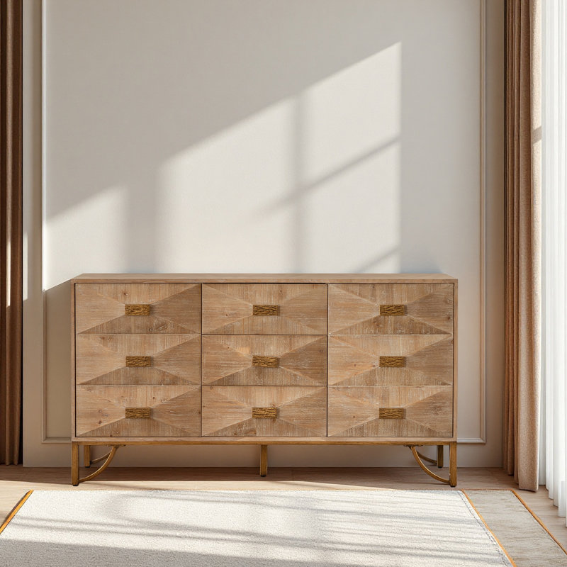 Commode 9 tiroirs, commodes et commodes modernes, meuble télé, commode en bois clair pour chambre à coucher, salon, couloir