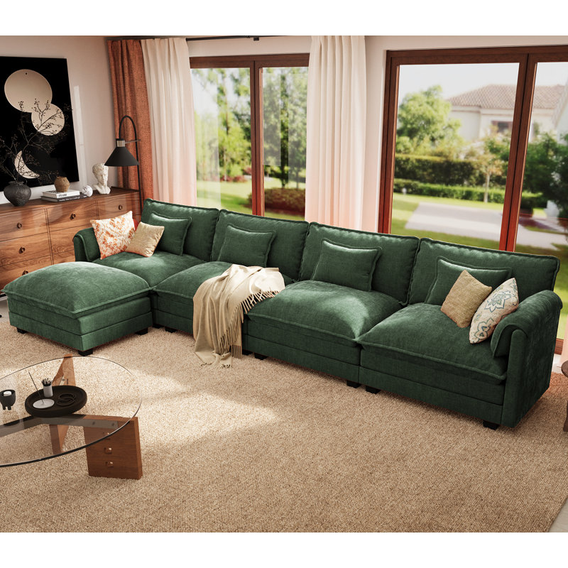 Canapé modulaire en L 5 pièces modulaire en forme de L 5 pièces avec pouf-chenille amovible - vert, Chenille verte
