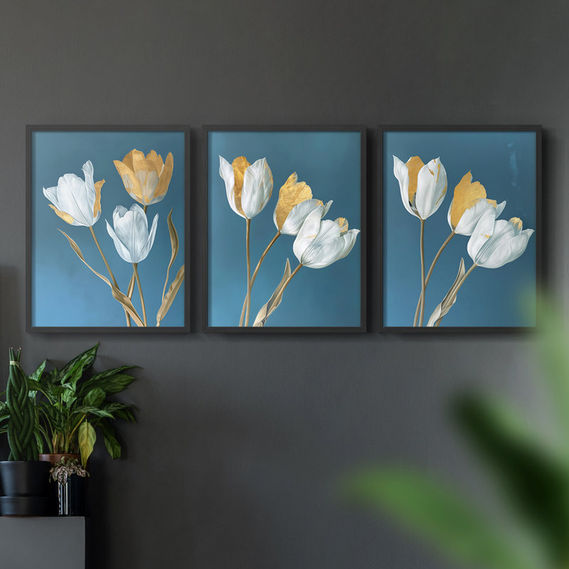 Étude florale série L - Ensemble de 3 estampes numériques encadrées - Prêt à être accroché, Cadre noir, H 14 po x l 11 po