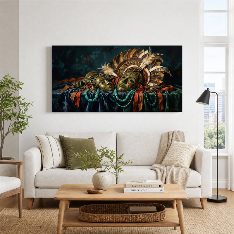 Art mural sur toile Masques dorés et couronne de plumes avec perles turquoise, 32“W x 16”H