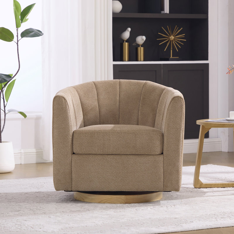 Fauteuil demi-tonneau pivotant rembourré en chenille avec base en bois massif, Taupe