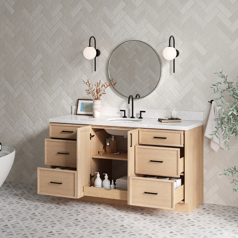 Ariel Kellie 66 Inch Single Oval Sink Bathroom Vanity With Carrara Quartz Countertop, Oak