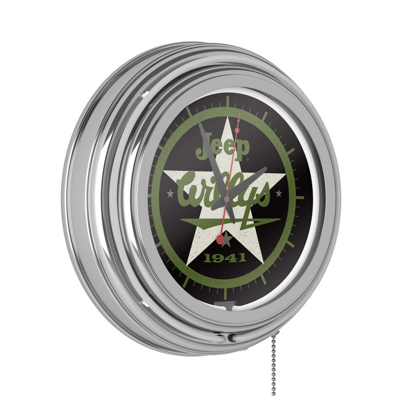 Jeep Willys 1941 Retro Neon Wall Clock, Blanc/vert