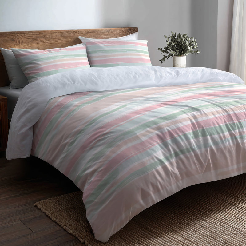 Striped Bedding Set 3 Pcs - French Country Pink And Green Summer Breeze Stripes Duvet Cover And Throw Pillow Set