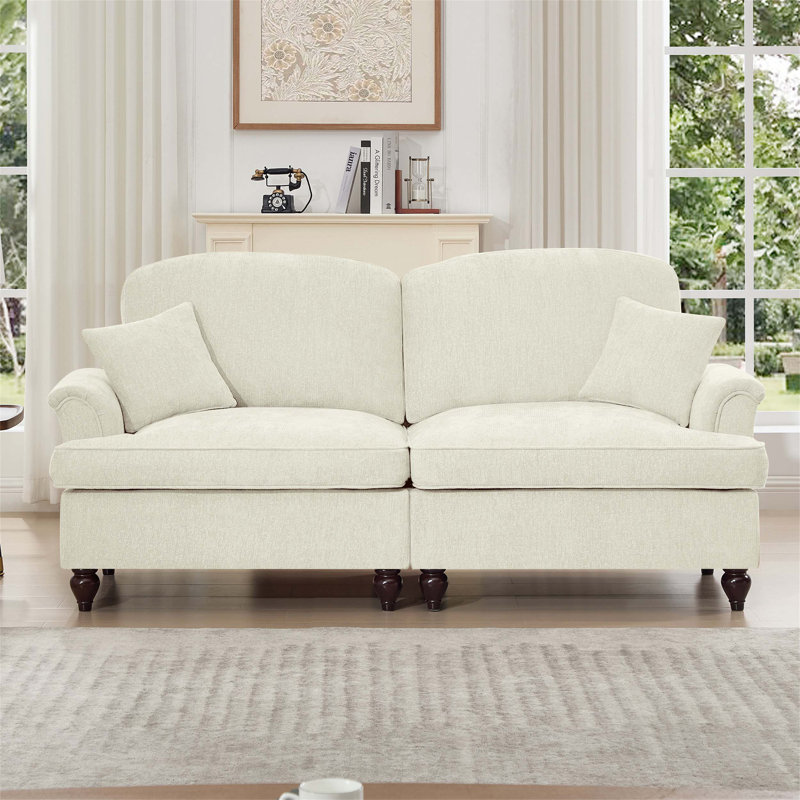 Elegant Mid Century Oversized Two Seater Sofa Couch with Flared Arms, Removable Skirts and Spindle Legs, Ideal for Living Room Comfort