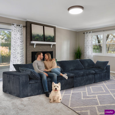 Vivianna 157.6 "W Fully Compressed Cloud Sofa With One Ottoman, Corduroy Fabric, Deep-Seat Style, Removable Cushions, No Assembly Required